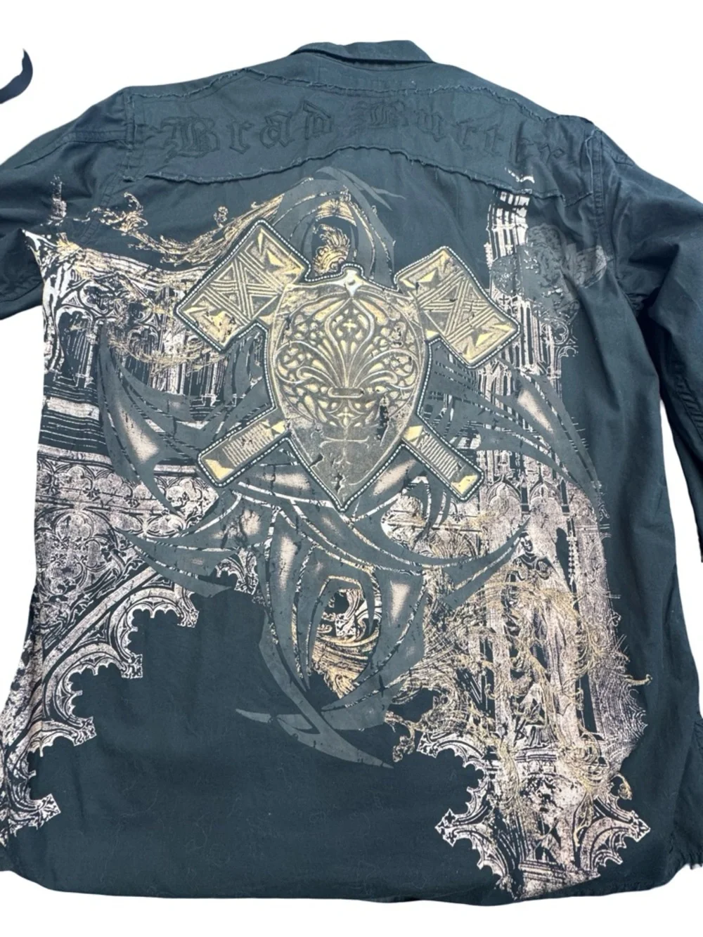 Brad Butter Black Graphic Button Up Mens Large Y2K Crest Shirt Streetwear - Picture 7 of 7